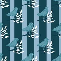 Seamless pattern with hand drawn bird on leaves branches print. Navy blue striped background. vector