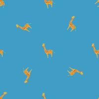 Minimalistic seamless pattern with orange little giraffe silhouettes. Blue bright background. vector