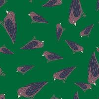 Random seamless pattern with purple and navy blue colored birds print. Green background. vector