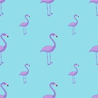 Cartoon childish style seamless pattern with pastel purple flamingo print. Blue background. Zoo backdrop. vector
