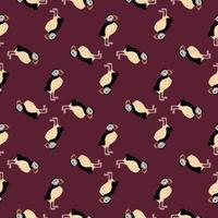 Geometric abstract seamless pattern with doodle puffin elements. Purple vine color background. vector