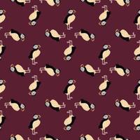 Geometric abstract seamless pattern with doodle puffin elements. Purple vine color background. vector