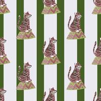 Animal circus seamless pattern with training tiger silhouettes. Striped grey and green background. vector