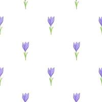 Isolated seamless doodle pattern with simple blue outline crocus flower elements. White background. vector