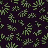Random seamless pattern with green daisy flowers silhouettes print. Dark background. Bloom print. vector