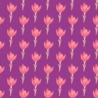 Summer bright seamless pattern with decorative pink crocus flower shapes on purple background. vector