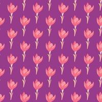 Summer bright seamless pattern with decorative pink crocus flower shapes on purple background. vector