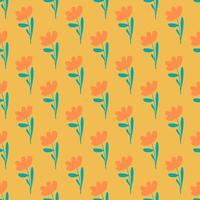 Orange cute simple flowers elements seamless doodle pattern. Yellow background. Summer print. vector