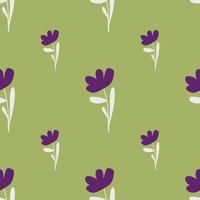 Bloom ditsy seamless pattern with flowers shapes in purple color. Green background. Nature backdrop. vector