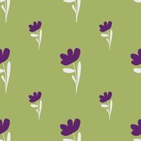 Bloom ditsy seamless pattern with flowers shapes in purple color. Green background. Nature backdrop. vector