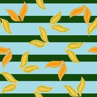 Fall seamless pattern with random falling leaves yellow ornament. Blue and green striped background. vector