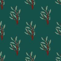 Light green tones leaves branches silhouettes seamless pattern. Stylized botanic artwork on dark turquoise background. vector