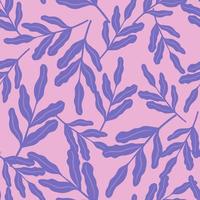Random seamless abstract bright pattern with purple colored leaf branches print on pink background. vector
