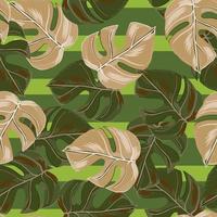 Botanic jungle seamless pattern with random pink and green monstera leaf elements. Striped green backdrop. vector