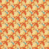 Abstract botanic seamless pattern with orange orchid flower shapes. Blue background. vector