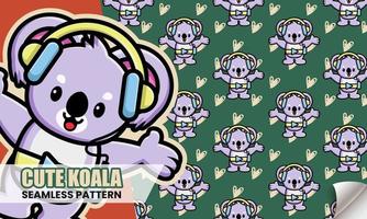 Cute koala listening music with headphone seamless pattern