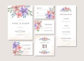 conjunto de plantilla de papelería de boda romántica con hermosa acuarela floral vector