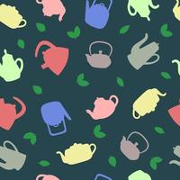 Seamless pattern of colorful teapots and leaves vector