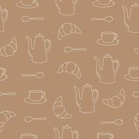 Seamless pattern of line art teapot, cup, spoon and croissant. Beige objects on brown background. vector