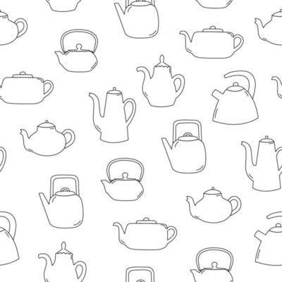 Seamless pattern of line art teapot. Black objects on white background