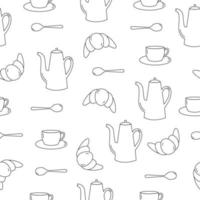 Seamless pattern of line art teapot, cup, spoon and croissant. Black objects on white background. vector