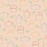 Seamless pattern of line art teapot and leaves. Colorful objects on pink background vector