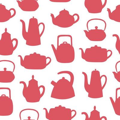 Teapots and kettles seamless pattern. Red objects on white background