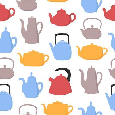 Teapots and kettles seamless pattern. Colorful objects on White background