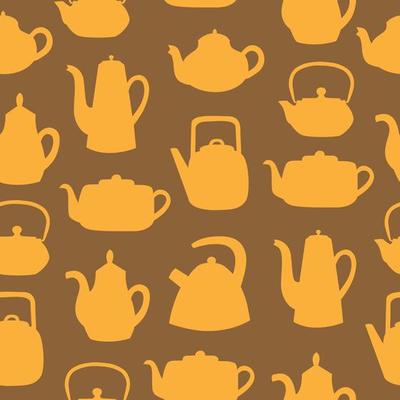 Teapots and kettles seamless pattern. Yellow objects on brown background