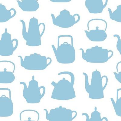 Teapots and kettles seamless pattern. Blue objects on white background