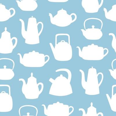 Teapots and kettles seamless pattern. White objects on blue background