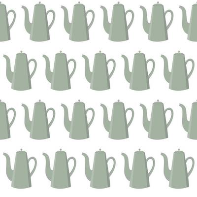 Seamless pattern of grey teapots on white background.