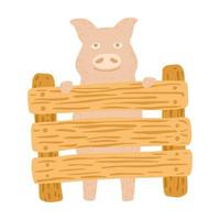 Pig stand with fence isolated on white background. Funny cartoon character pink color in doodle style.