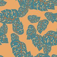 Random seamless pattern with pale navy blue monstera shapes print. Beige background. Simple design. vector