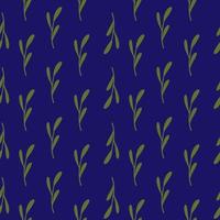 Random green minimalistic branches seamless pattern. Bright navy blue background. Simple style. vector