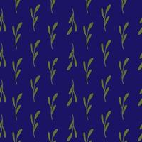 Random green minimalistic branches seamless pattern. Bright navy blue background. Simple style. vector