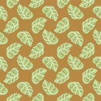 Nature tropic seamless pattern with light green monstera elements. Beige background. Doodle backdrop. vector
