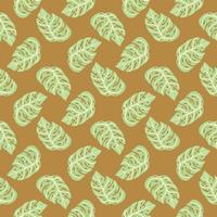 Nature tropic seamless pattern with light green monstera elements. Beige background. Doodle backdrop. vector