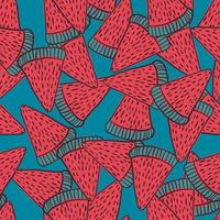Decorative seamless pattern with doodle berry watermelon shapes. Blue background. Random backdrop. vector