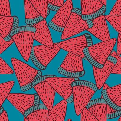 Decorative seamless pattern with doodle berry watermelon shapes. Blue background. Random backdrop.