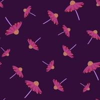 Random pink gerbera flowers shapes seamless pattern. Dark purple background. Simple style. vector