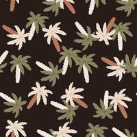 patrón sin costuras de dibujos animados con estampado de palmeras de color verde y blanco. fondo marrón oscuro. vector