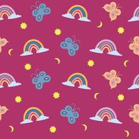 Seamless pattern with rainbow, butterflies, clouds, sun, moon. vector