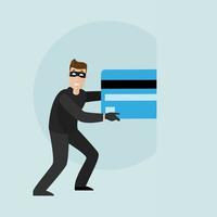 A thief pulls credit card banking information from a phone. vector