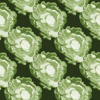 Seamless pattern Butterhead salad on dark green background. Abstract ornament with lettuce. vector