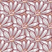 Contoured spring time seamless pattern with doodle daisy flowers ornament. Pink background. Abstract style. vector