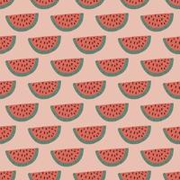 Decorative summer food seamless pattern with pink watermelon slice print. Pink pastel background. vector