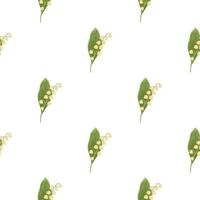 Spring nature seamless floral pattern with green and pink lily of the valley ornament. Isolated backdrop. vector