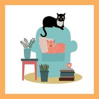 gatos en la ilustración de vector de sillón en estilo plano