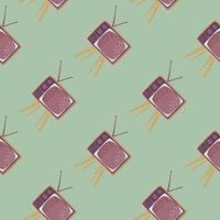Display movie seamless pattern with pale purple tv set elements. Light green background. vector